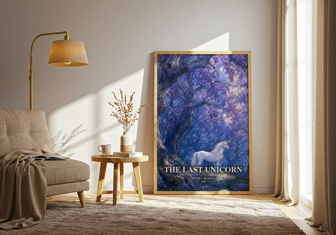 The Last Unicorn watercolour print in frame leaning in hallway – fantasy wall art