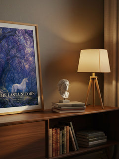 The Last Unicorn watercolour print on bookshelf – Peter S. Beagle fan gift