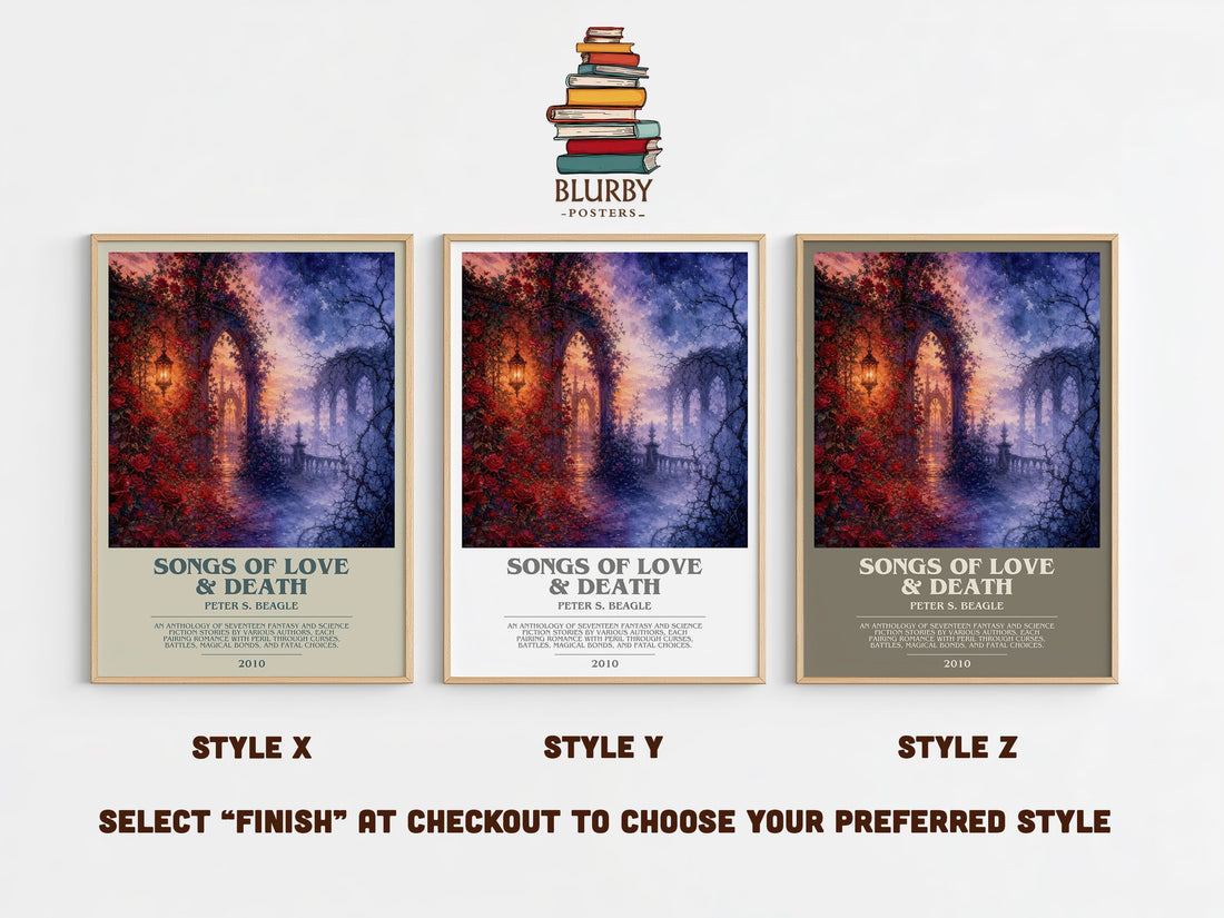 Songs of love & death bookish print in frame leaning in hallway – fantasy wall art (mockup)