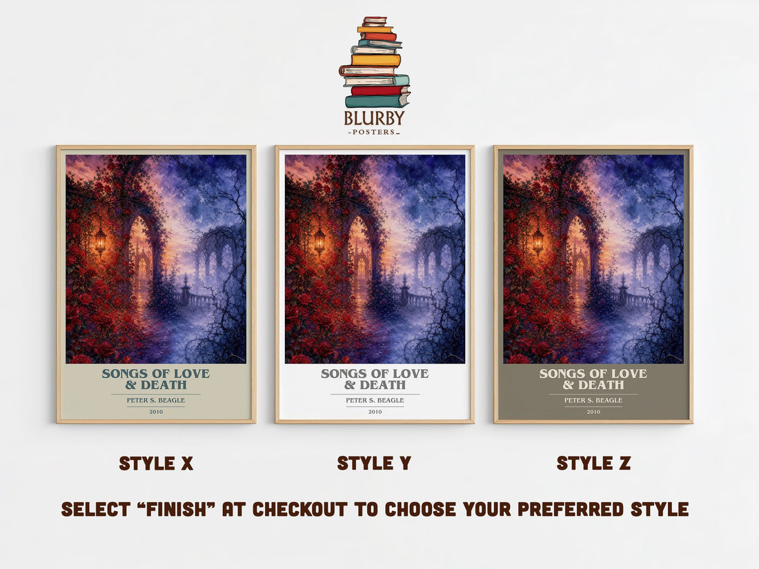 Songs of love & death book cover print in frame leaning in hallway – fantasy wall art (mockup)