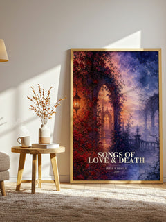 Songs of love & death watercolour print in frame leaning in hallway – fantasy wall art