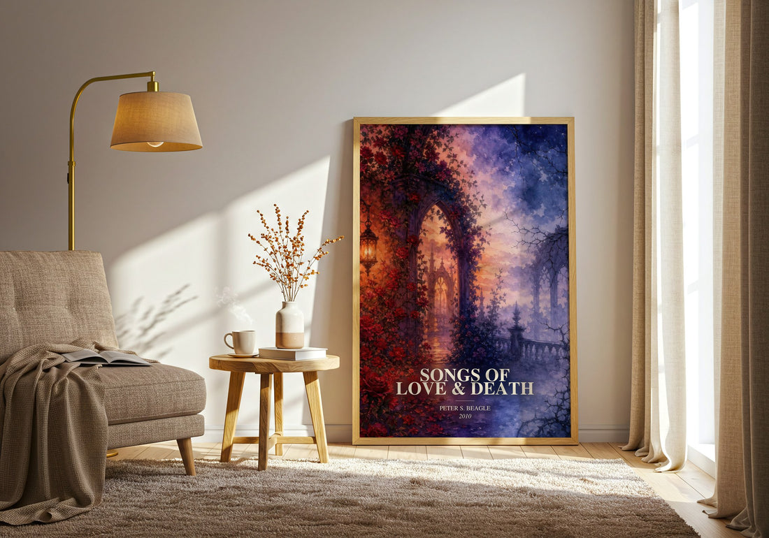Songs of love & death watercolour print in frame leaning in hallway – fantasy wall art