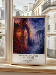 Songs of love & death Book Cover Poster by Peter S. Beagle – framed print by a bright window