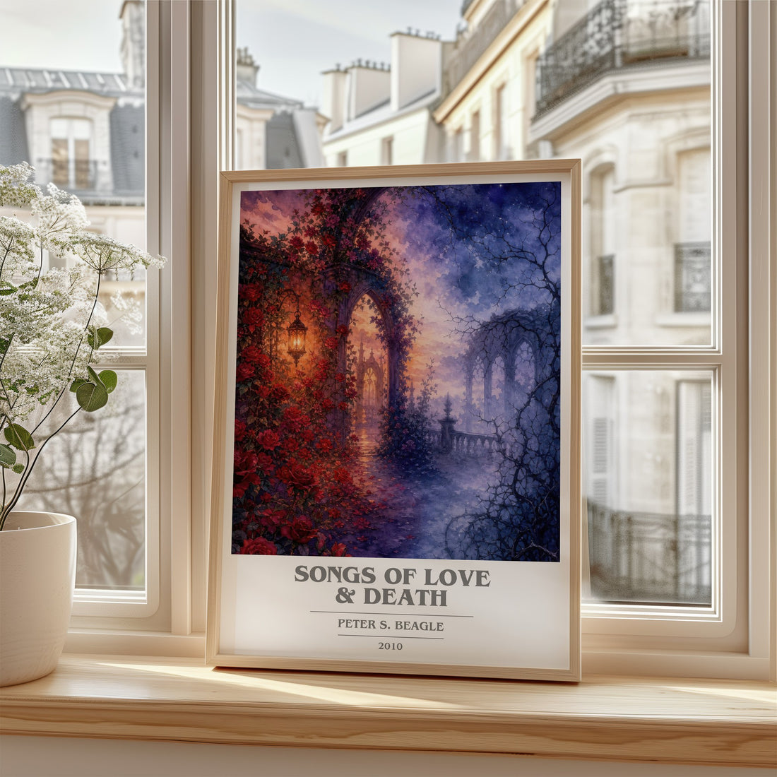 Songs of love & death Book Cover Poster by Peter S. Beagle – framed print by a bright window