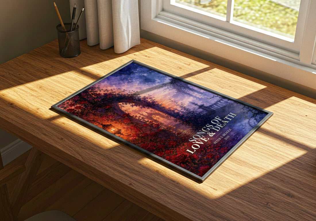 Songs of love & death watercolour book poster framed on wall – fantasy wall art
