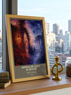 Songs of love & death Book Cover Poster by Peter S. Beagle – framed print on a city-view windowsill