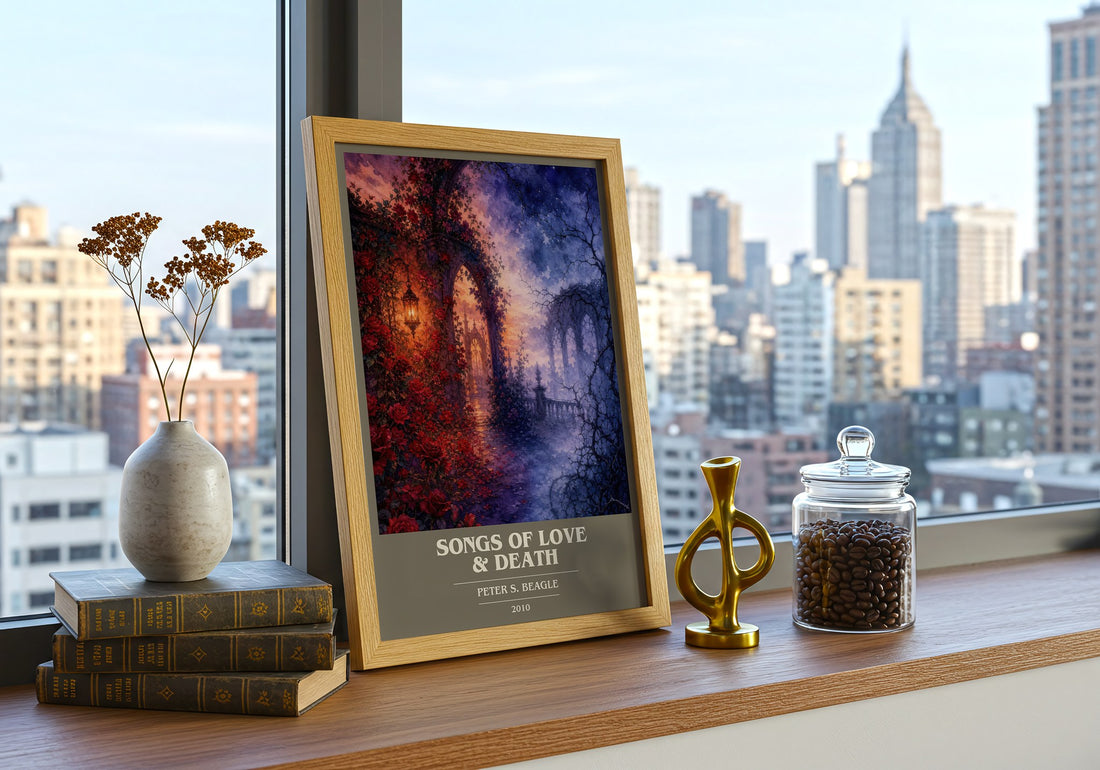Songs of love & death Book Cover Poster by Peter S. Beagle – framed print on a city-view windowsill