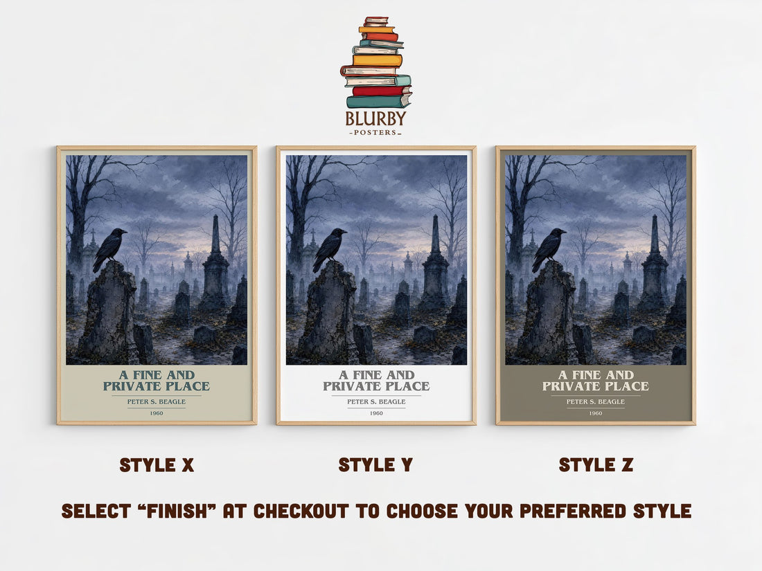 A Fine and Private Place book cover print in frame leaning in hallway – fantasy wall art (mockup)