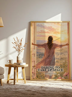 Daring To Take Up Space watercolour print in frame leaning in hallway – non fiction wall art