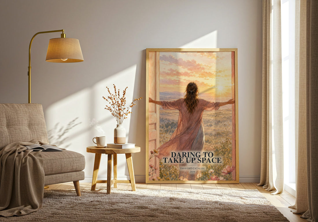 Daring To Take Up Space watercolour print in frame leaning in hallway – non fiction wall art