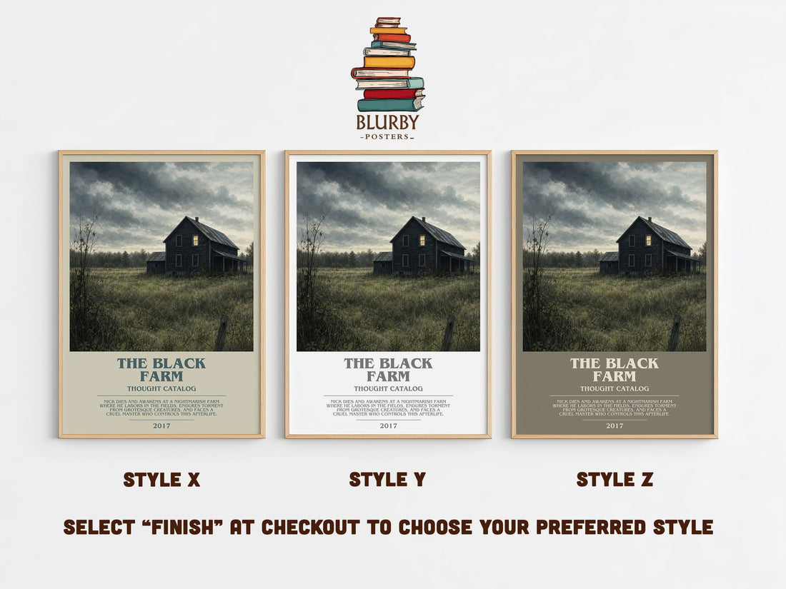 The Black Farm bookish print in frame leaning in hallway – horror wall art (mockup)