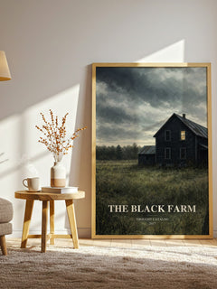 The Black Farm watercolour print in frame leaning in hallway – horror wall art