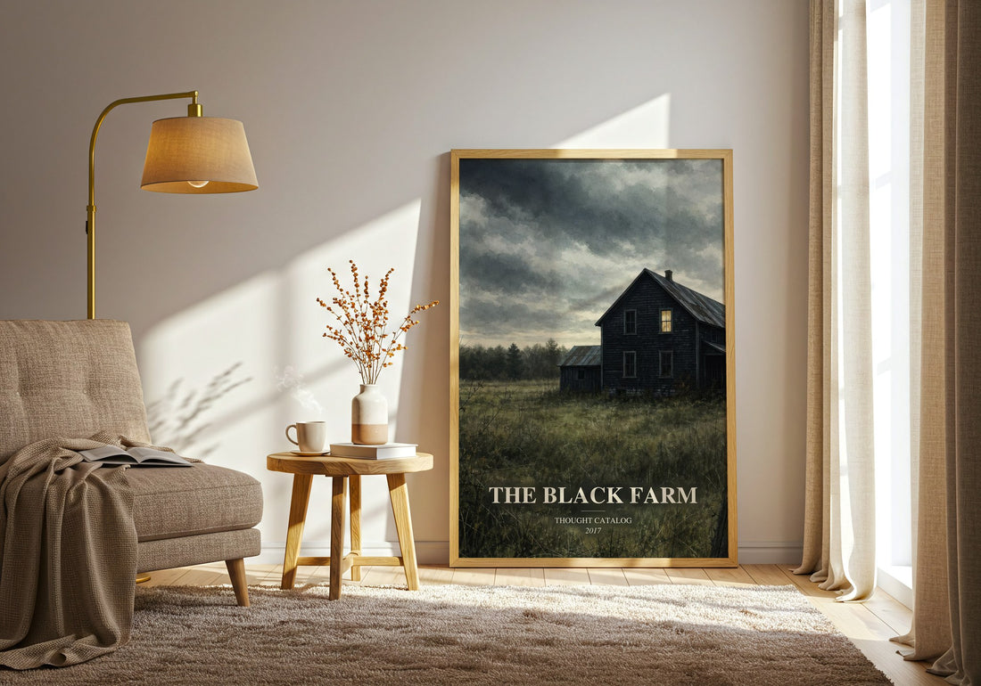 The Black Farm watercolour print in frame leaning in hallway – horror wall art