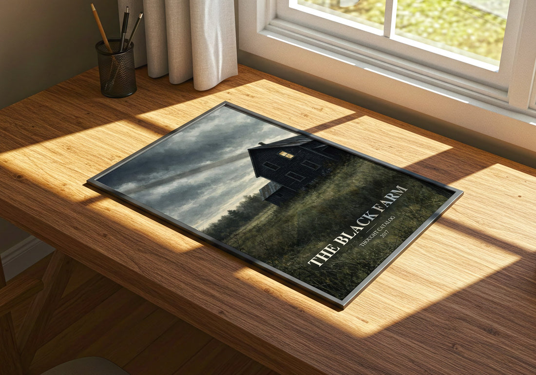 The Black Farm watercolour book poster framed on wall – horror wall art