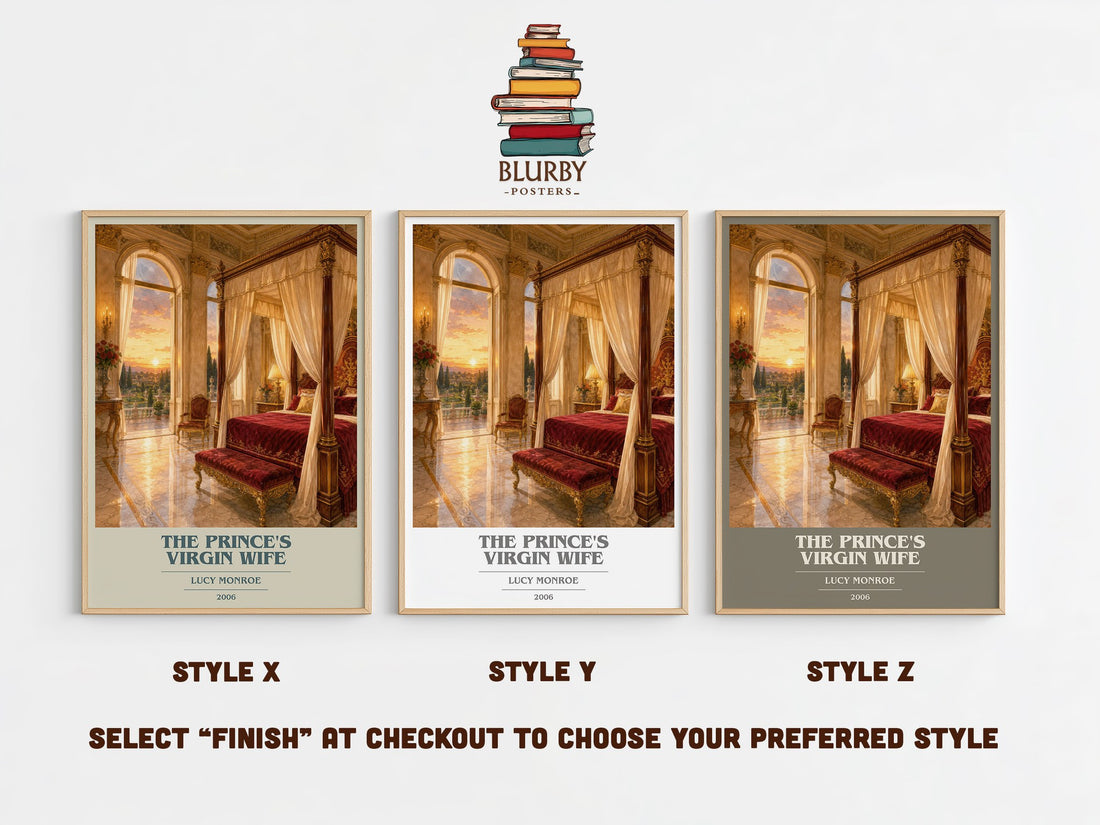 The Prince's Virgin Wife book cover print in frame leaning in hallway – romance wall art (mockup)