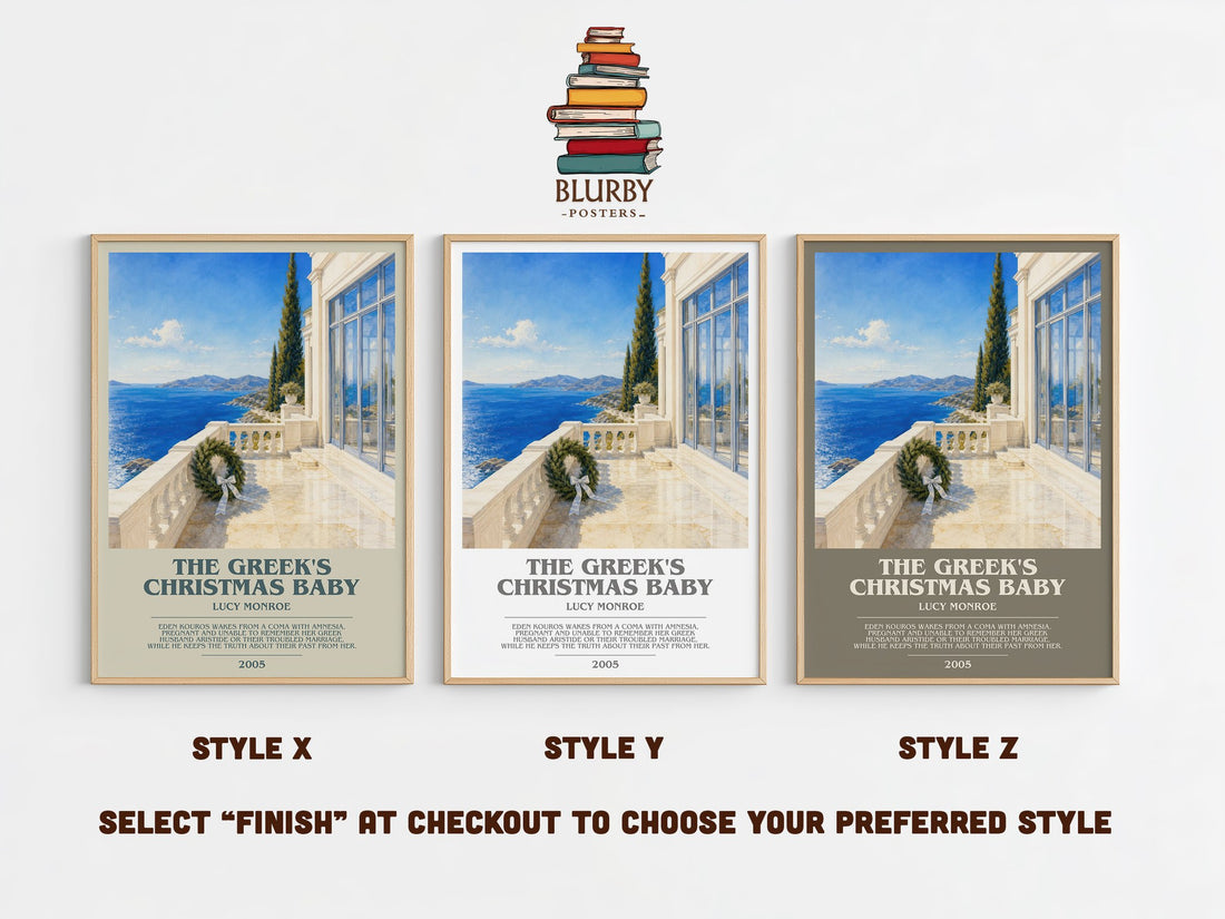 The Greek's Christmas Baby bookish print in frame leaning in hallway – romance wall art (mockup)