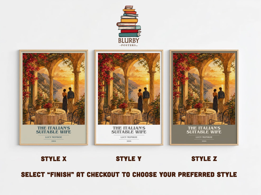 The Italian's Suitable Wife book cover print in frame leaning in hallway – romance wall art (mockup)