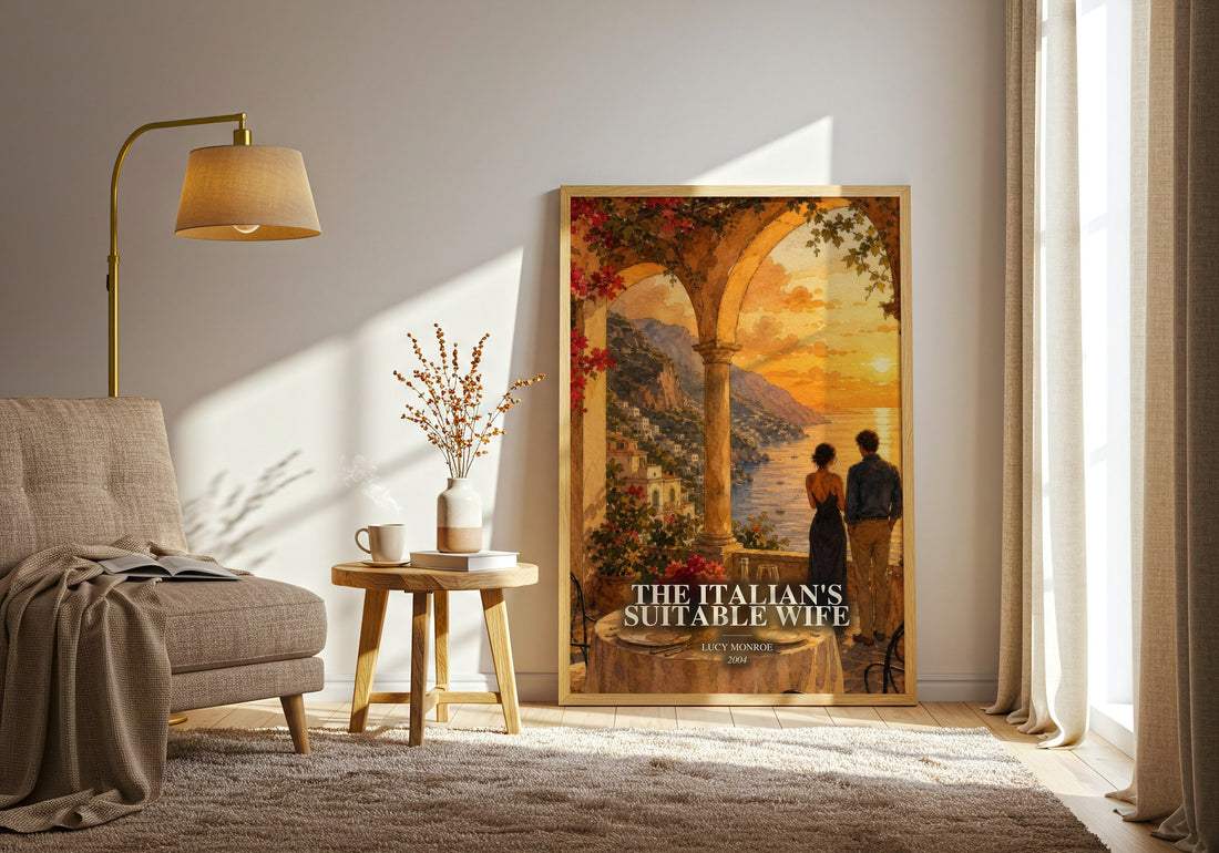 The Italian's Suitable Wife watercolour print in frame leaning in hallway – romance wall art