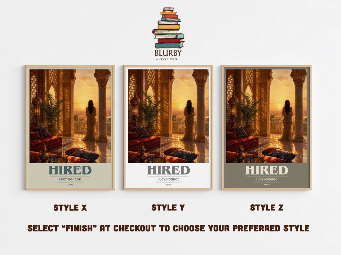Hired book cover print in frame leaning in hallway – romance wall art (mockup)