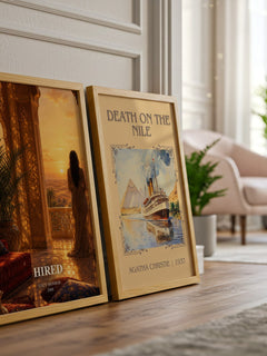 Hired watercolour print framed by window – literary home decor