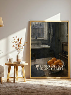 Oranges Are Not the Only Fruit watercolour print in frame leaning in hallway – literary fiction wall art