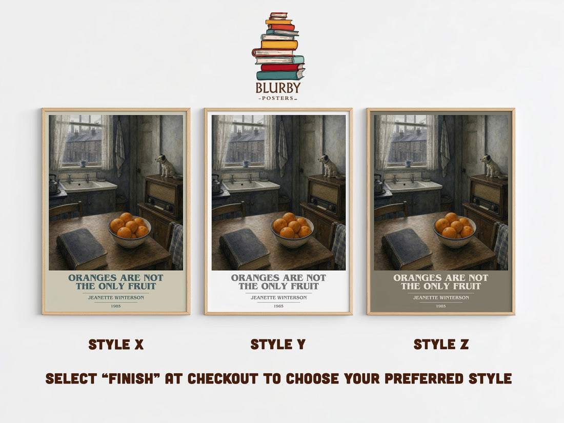 Oranges Are Not the Only Fruit book cover print in frame leaning in hallway – literary fiction wall art (mockup)