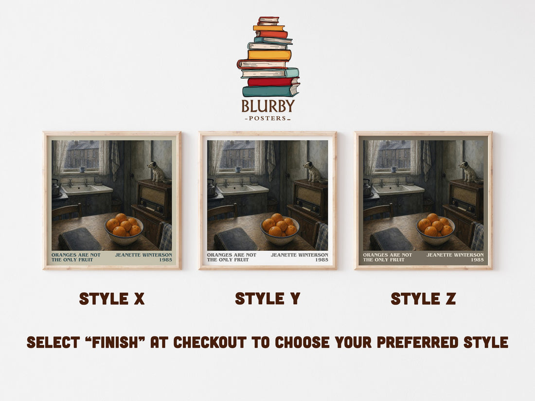 Oranges Are Not the Only Fruit literary print in frame leaning in hallway – literary fiction wall art (mockup)