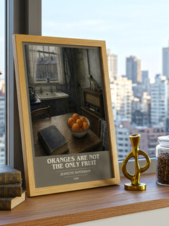 Oranges Are Not the Only Fruit book cover print framed by window – literary home decor