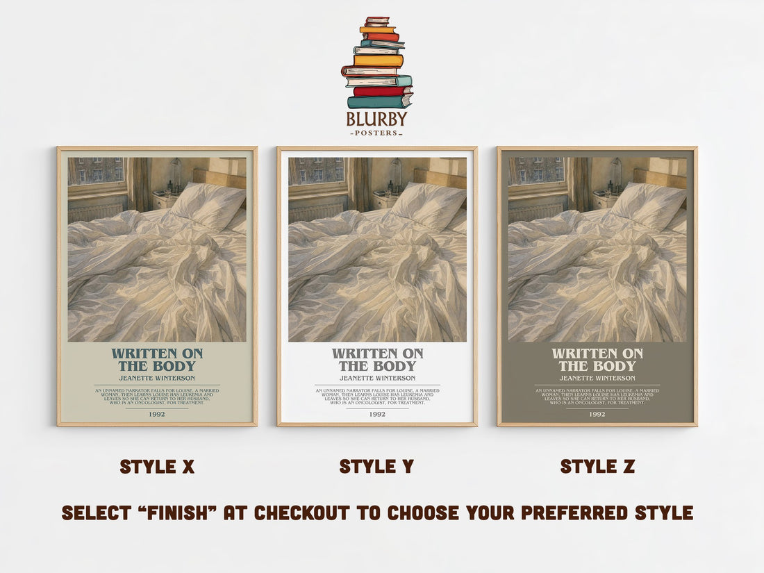 Written on the Body bookish print in frame leaning in hallway – literary fiction wall art (mockup)