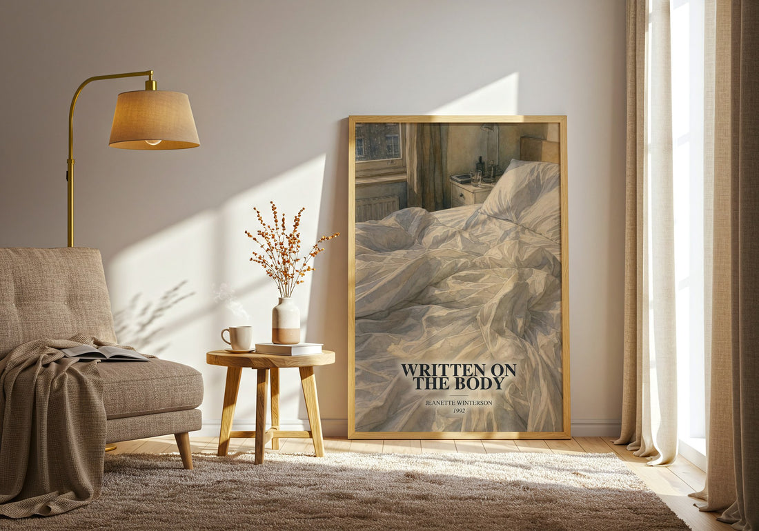 Written on the Body watercolour print in frame leaning in hallway – literary fiction wall art