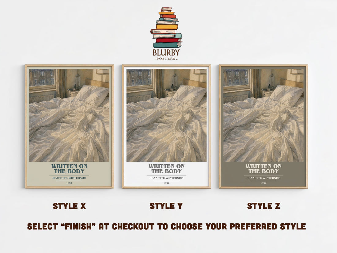 Written on the Body book cover print in frame leaning in hallway – literary fiction wall art (mockup)