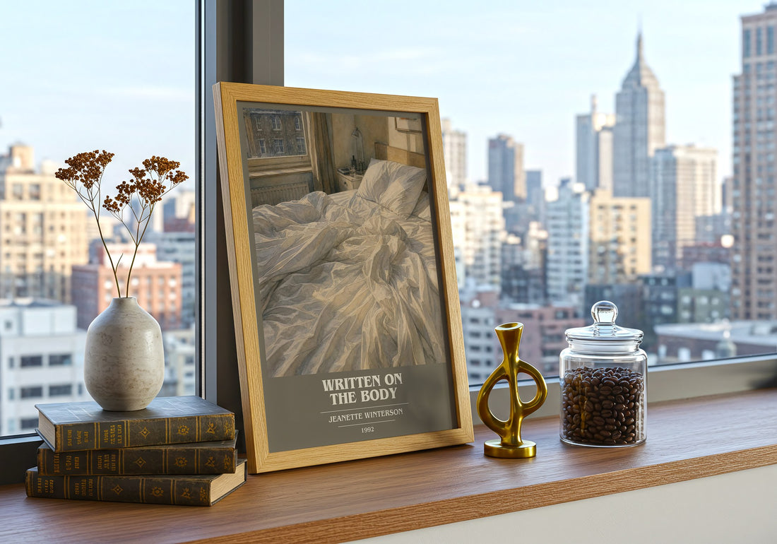 Written on the Body book cover print framed by window – literary home decor