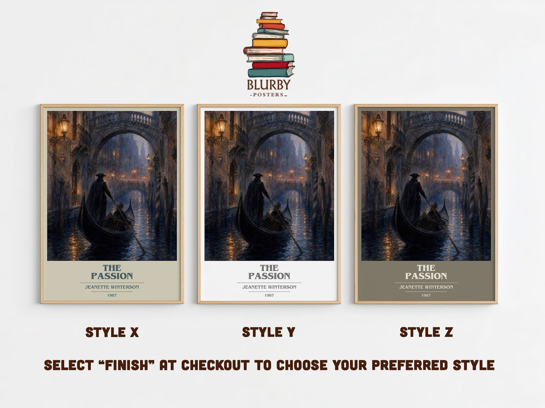 The passion book cover print in frame leaning in hallway – literary fiction wall art (mockup)