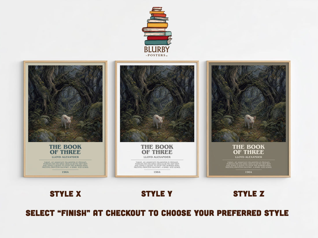 The Book Of Three bookish print in frame leaning in hallway – fantasy wall art (mockup)