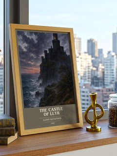 The Castle of Llyr Book Cover Poster by Lloyd Alexander – framed print on a city-view windowsill
