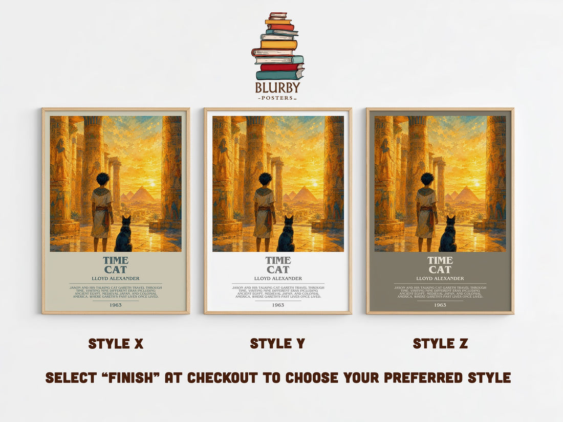 Time Cat bookish print in frame leaning in hallway – childrens wall art (mockup)