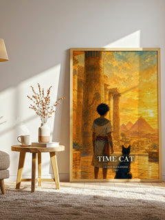 Time Cat watercolour print in frame leaning in hallway – childrens wall art