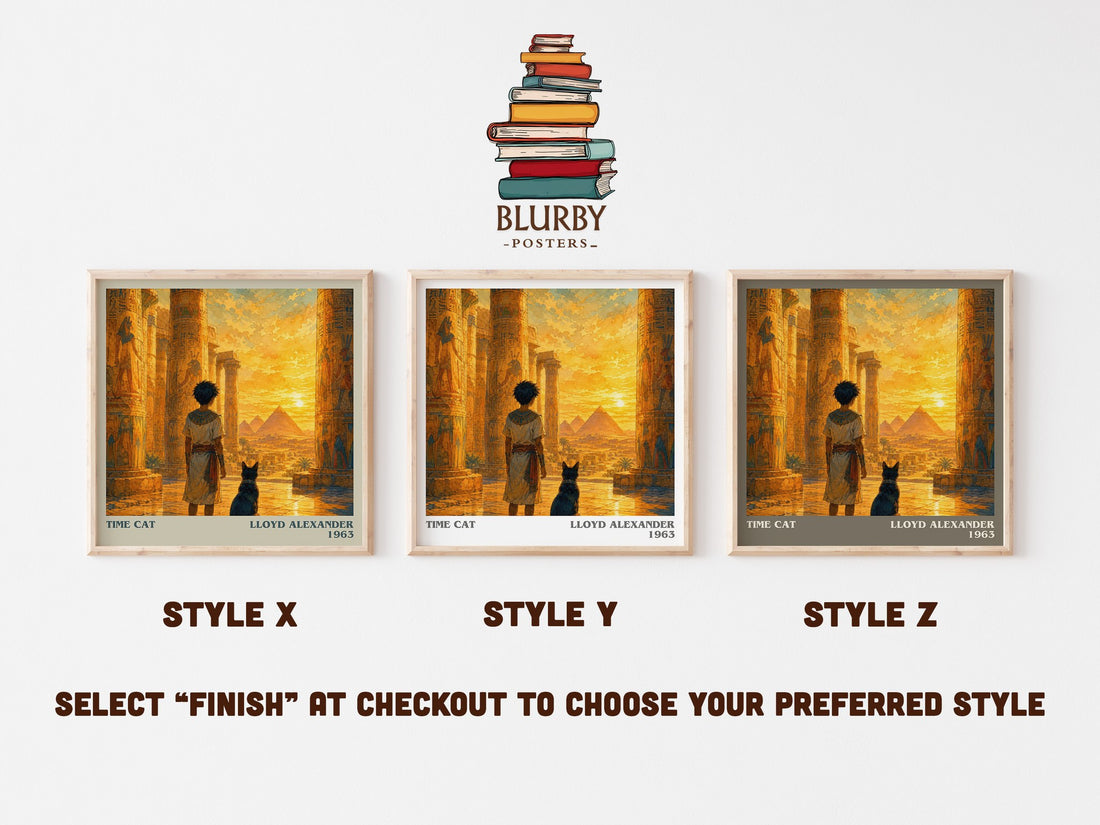 Time Cat literary print in frame leaning in hallway – childrens wall art (mockup)