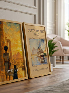 Time Cat watercolour print framed by window – literary home decor