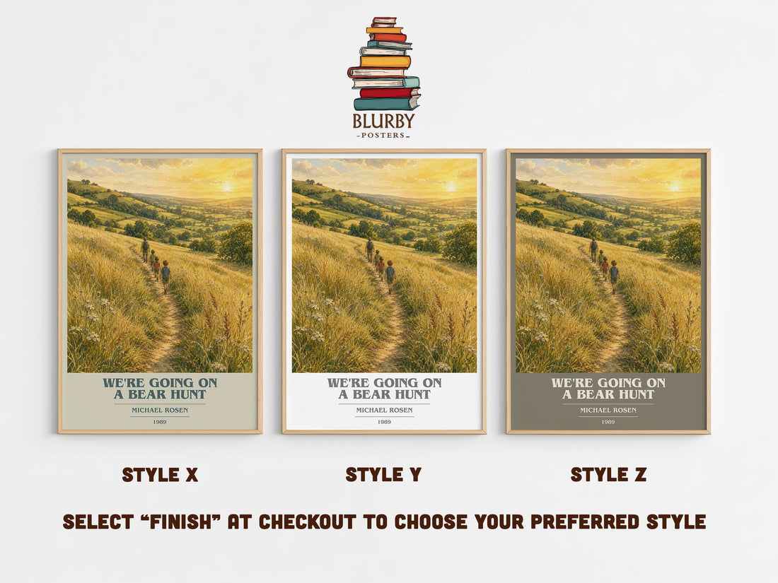 We're Going on a Bear Hunt book cover print in frame leaning in hallway – childrens wall art (mockup)