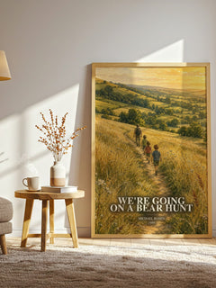 We're Going on a Bear Hunt watercolour print in frame leaning in hallway – childrens wall art