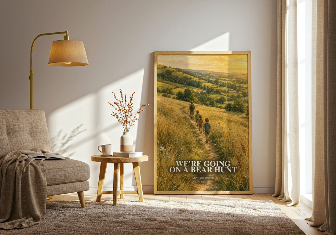 We're Going on a Bear Hunt watercolour print in frame leaning in hallway – childrens wall art