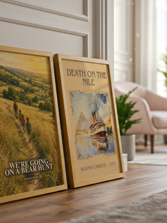 We're Going on a Bear Hunt watercolour print framed by window – literary home decor