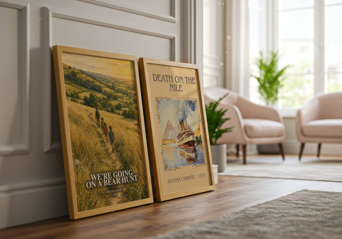 We're Going on a Bear Hunt watercolour print framed by window – literary home decor