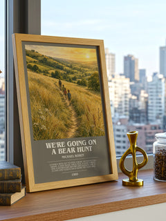 We're Going on a Bear Hunt bookish print framed by window – literary home decor