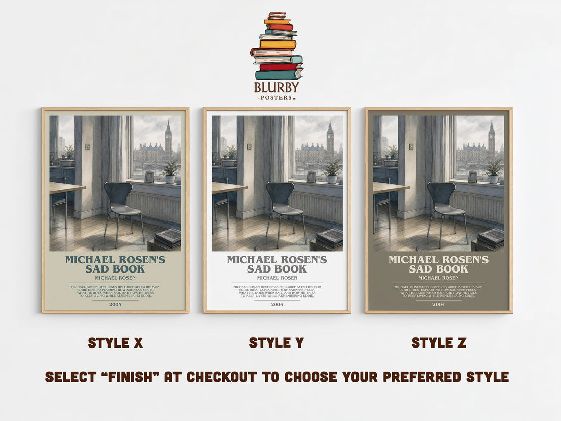 Michael Rosen's sad book bookish print in frame leaning in hallway – childrens wall art (mockup)