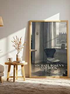 Michael Rosen's sad book watercolour print in frame leaning in hallway – childrens wall art