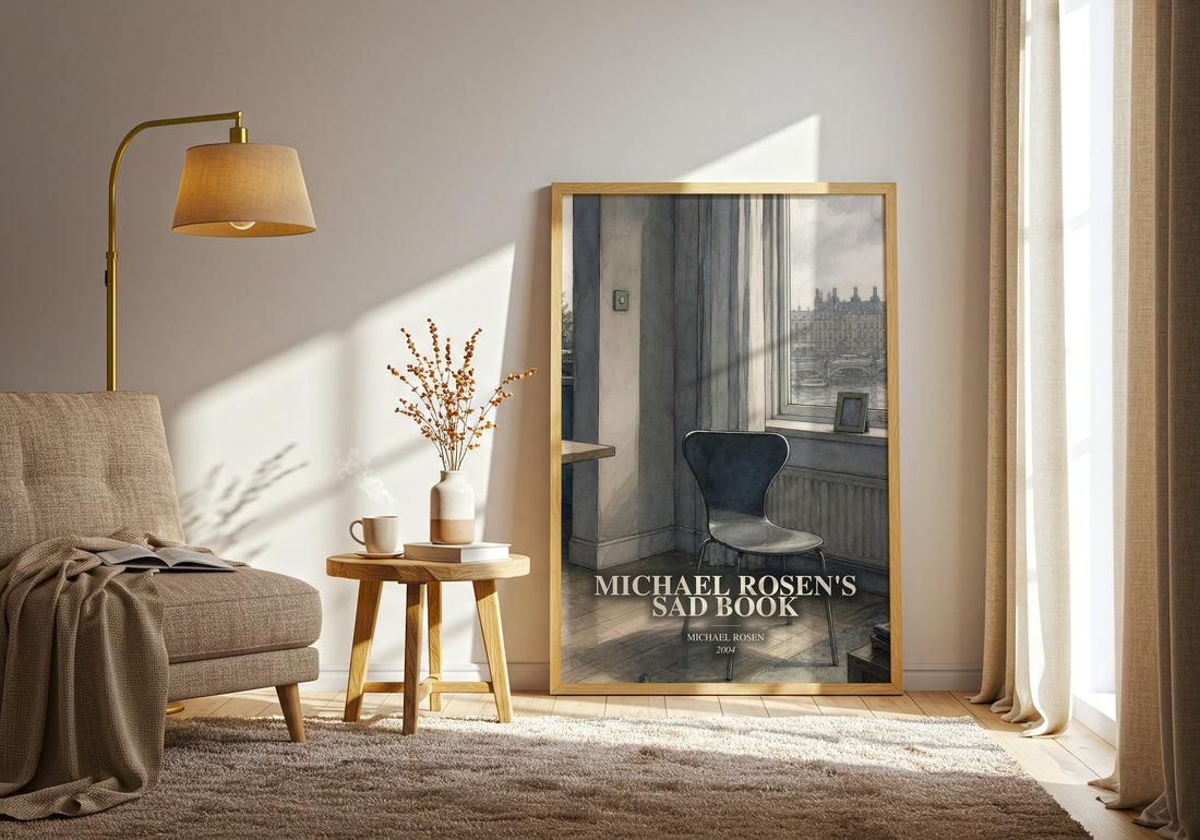 Michael Rosen's sad book watercolour print in frame leaning in hallway – childrens wall art