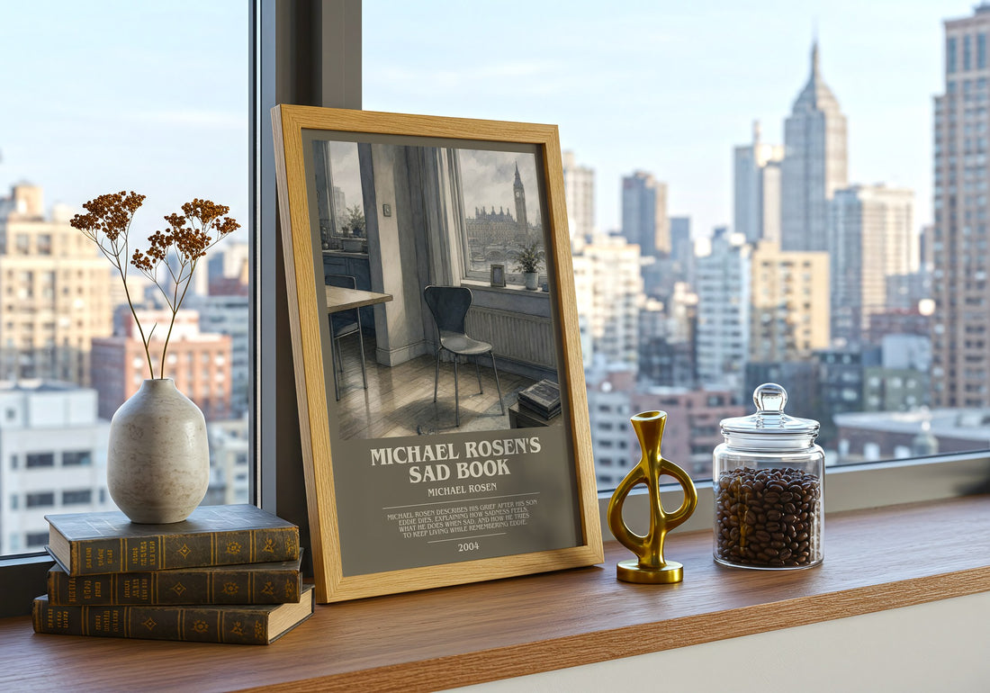Michael Rosen's sad book bookish print framed by window – literary home decor