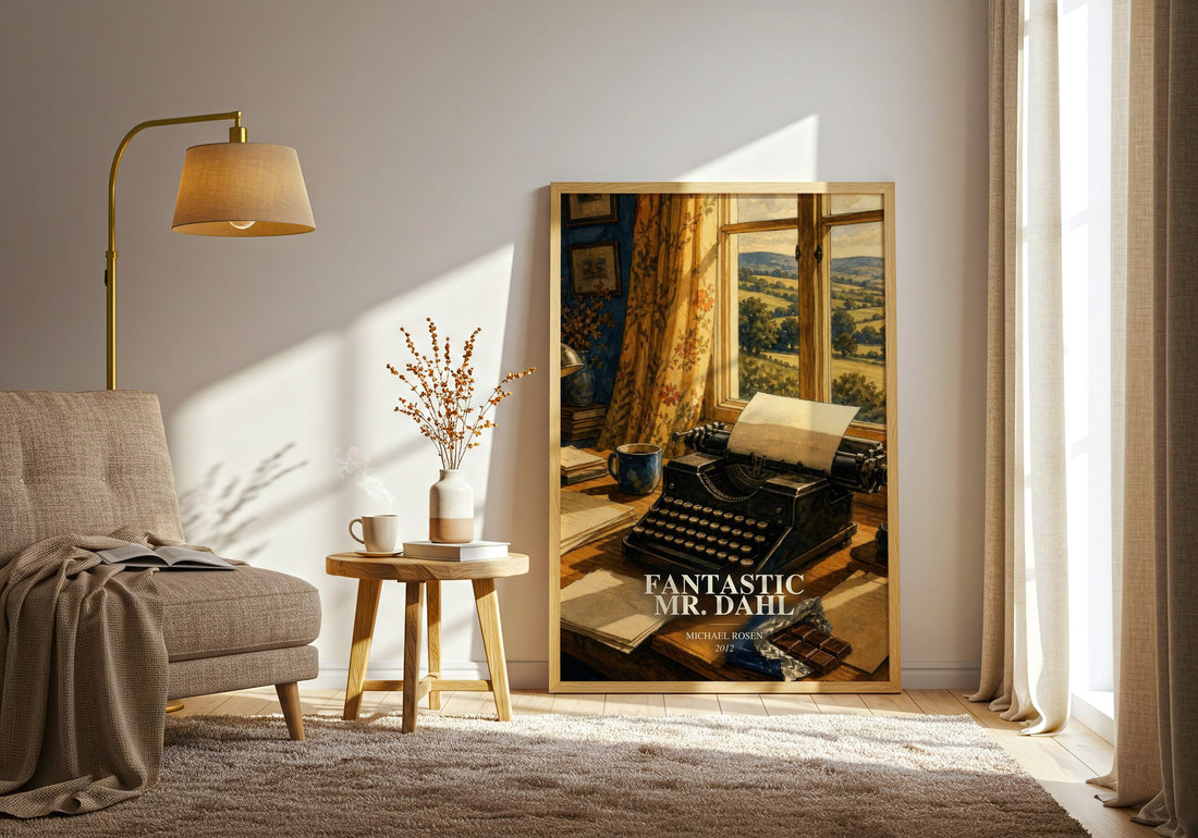 Fantastic Mr. Dahl watercolour print in frame leaning in hallway – non fiction wall art